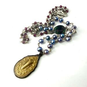 Vintage Brass Diamond Shaped Pendant Necklace, Asymmetrical Blue Pearl and Garne